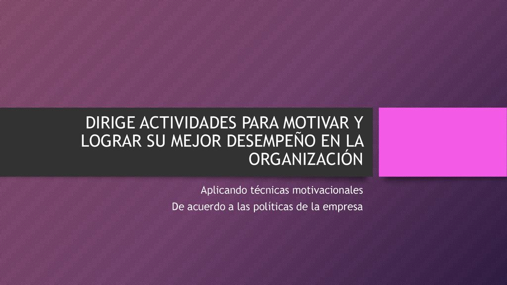 DIRIGE ACTIVIDADES PARA MOTIVAR Y LOGRAR SU MEJOR DESEMPEÑO EN LA ORGANIZACIÓN