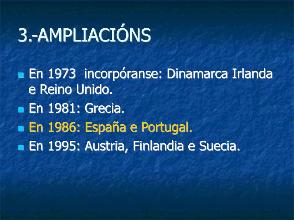 3.-AMPLIACIÓNS En 1973 incorpóranse: Dinamarca Irlanda e Reino Unido.