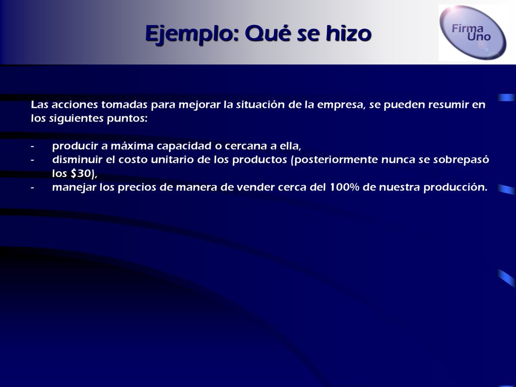 Ejemplo: Qué se hizo Las acciones tomadas para mejorar la situación de la empresa, se pueden resumir en.