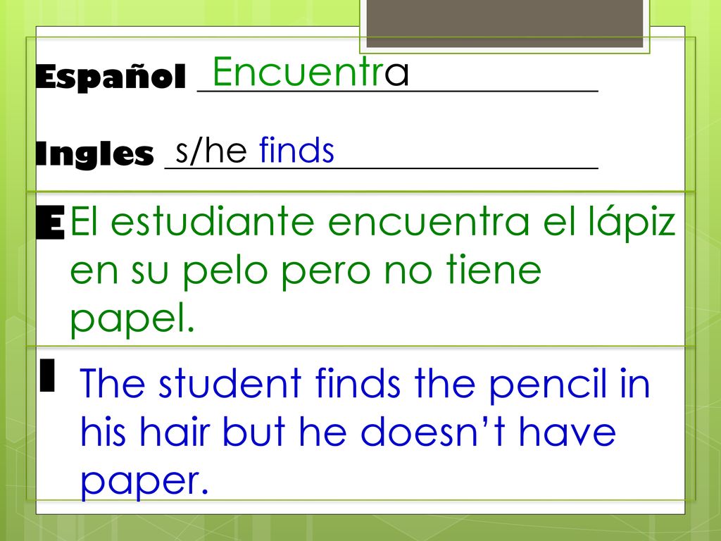 Encuentra Español _________________________. Ingles ___________________________. s/he finds. E.
