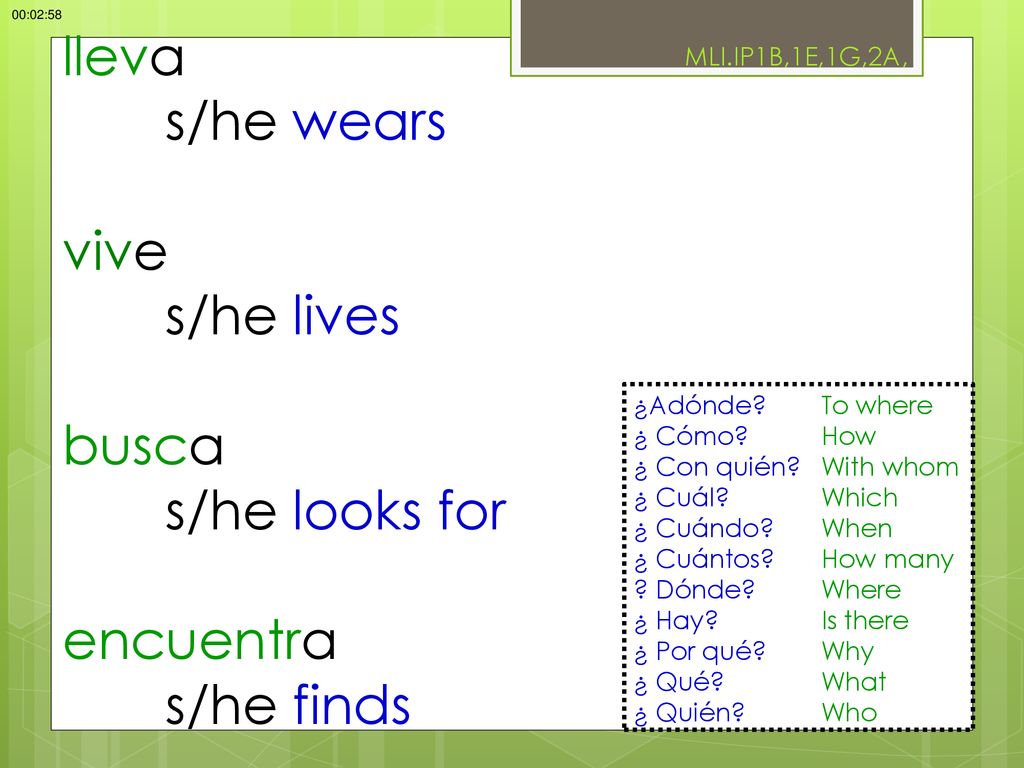 lleva s/he wears vive s/he lives busca s/he looks for encuentra