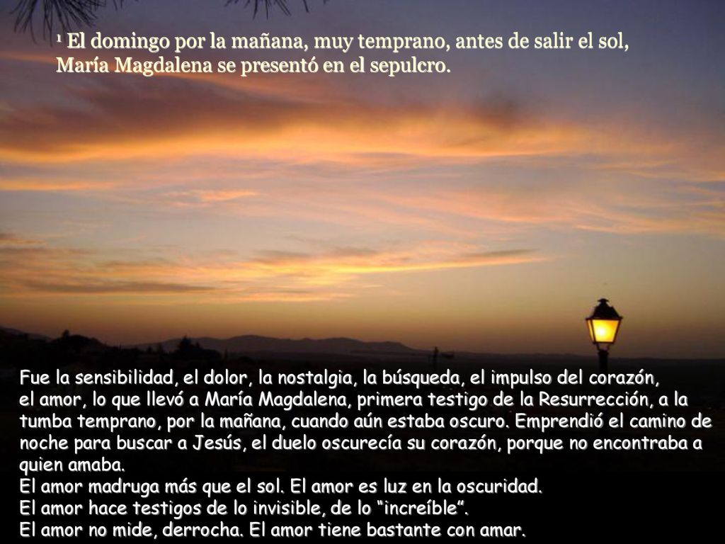 1 El domingo por la mañana, muy temprano, antes de salir el sol, María Magdalena se presentó en el sepulcro.