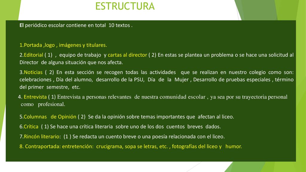 ESTRUCTURA El periódico escolar contiene en total 10 textos .