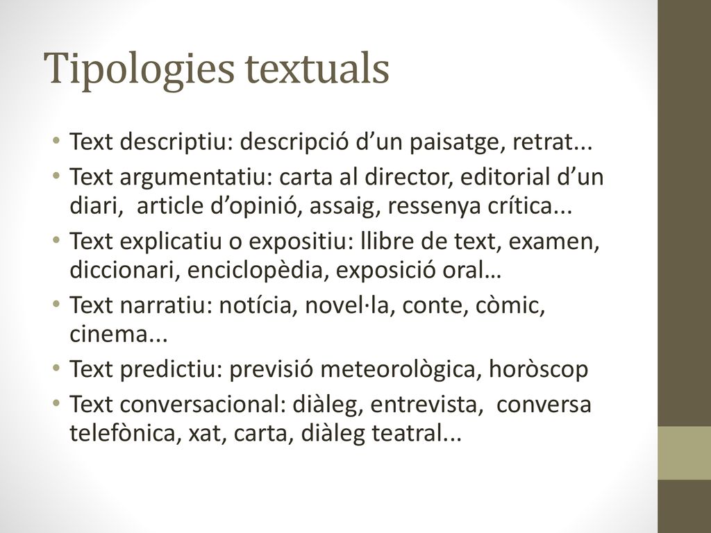 Tipologies textuals Text descriptiu: descripció d’un paisatge, retrat...