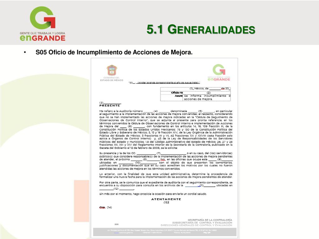5.1 Generalidades S05 Oficio de Incumplimiento de Acciones de Mejora.