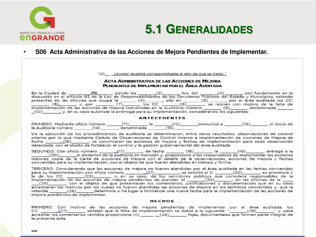 5.1 Generalidades S06 Acta Administrativa de las Acciones de Mejora Pendientes de Implementar.