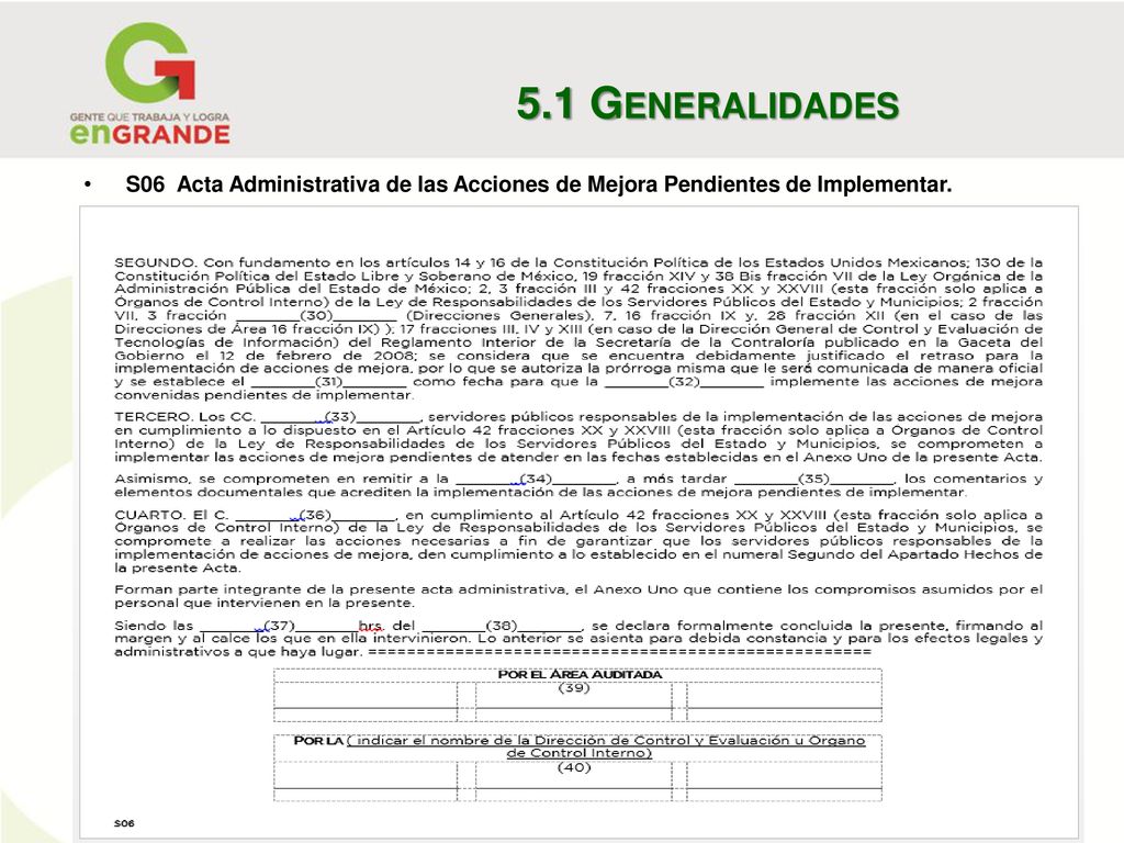 5.1 Generalidades S06 Acta Administrativa de las Acciones de Mejora Pendientes de Implementar.