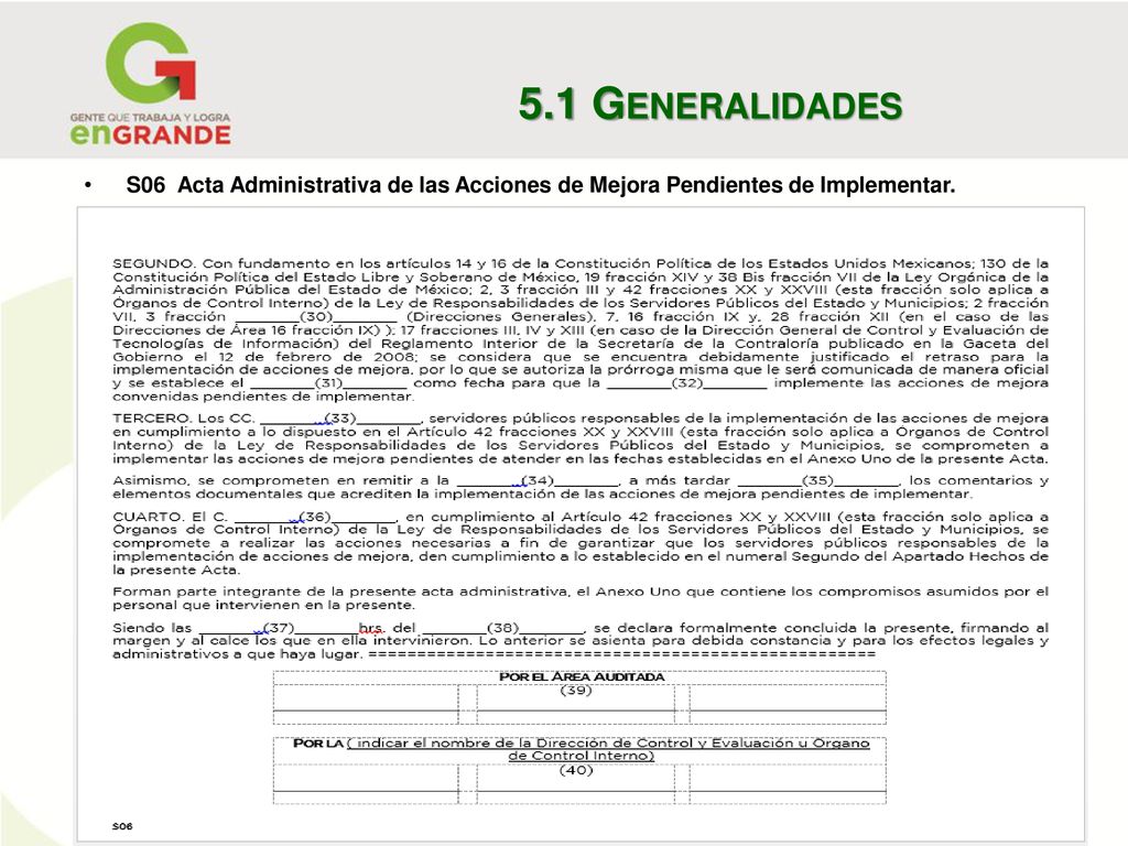 5.1 Generalidades S06 Acta Administrativa de las Acciones de Mejora Pendientes de Implementar.
