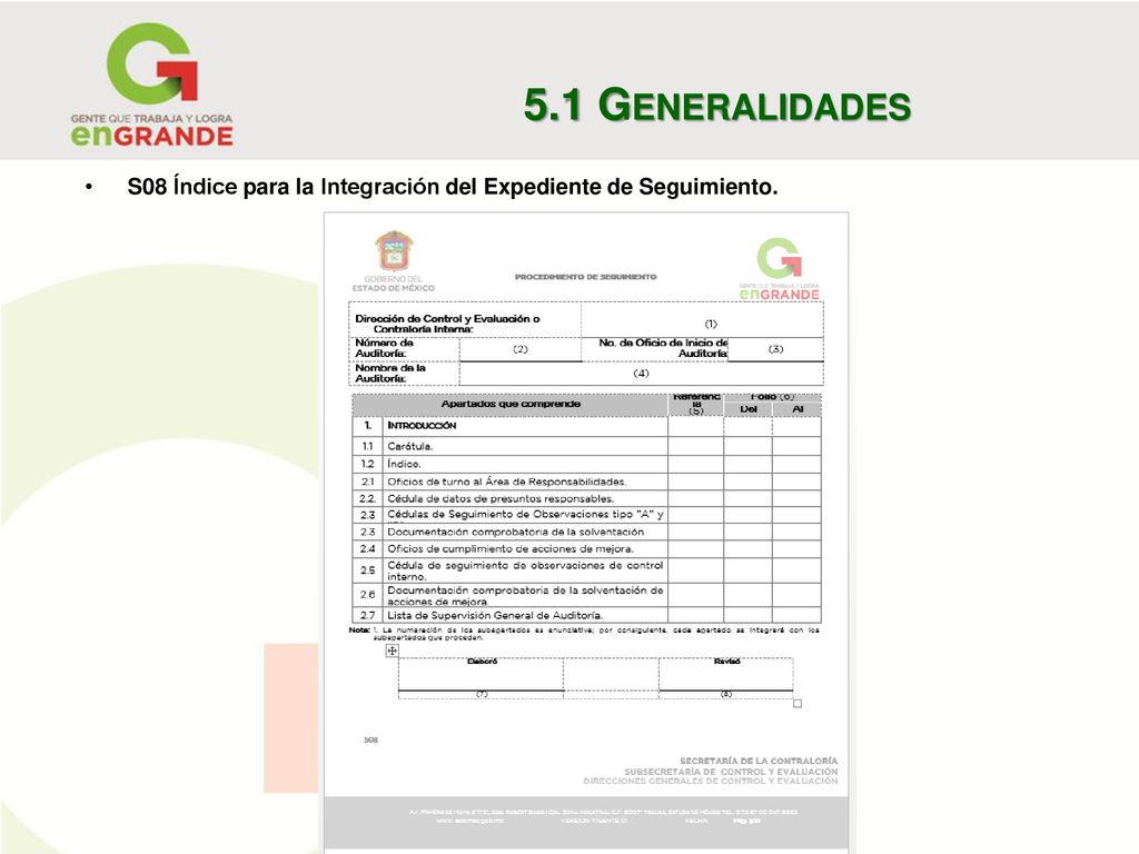 5.1 Generalidades S08 Índice para la Integración del Expediente de Seguimiento.
