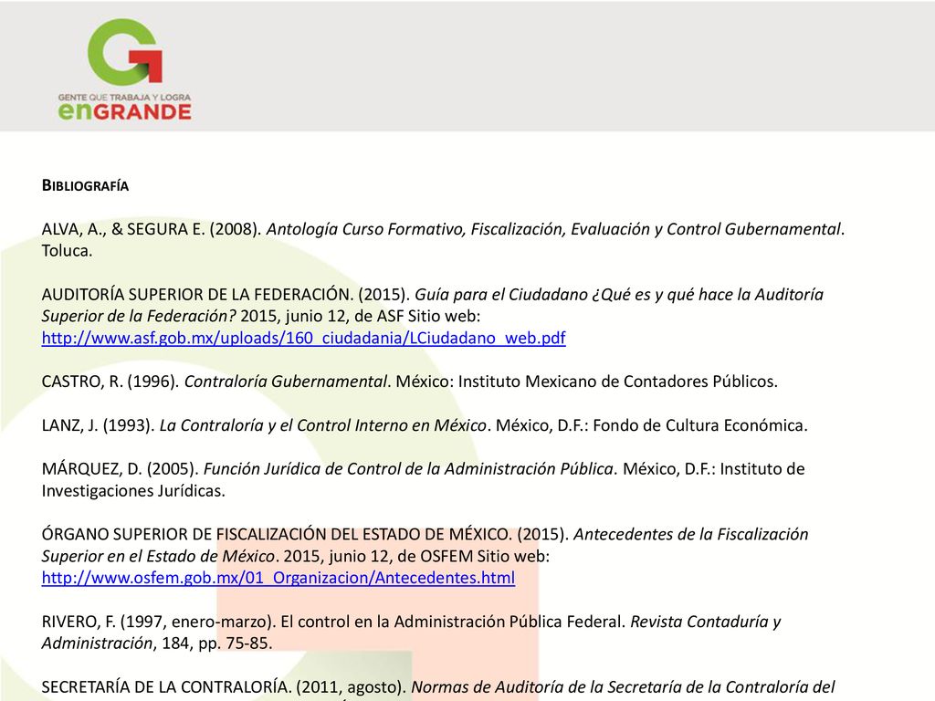 Bibliografía ALVA, A., & SEGURA E. (2008). Antología Curso Formativo, Fiscalización, Evaluación y Control Gubernamental. Toluca.