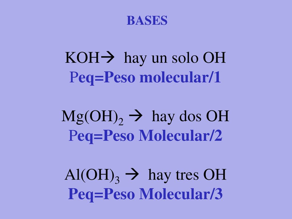 KOH hay un solo OH Peq=Peso molecular/1 Mg(OH)2  hay dos OH
