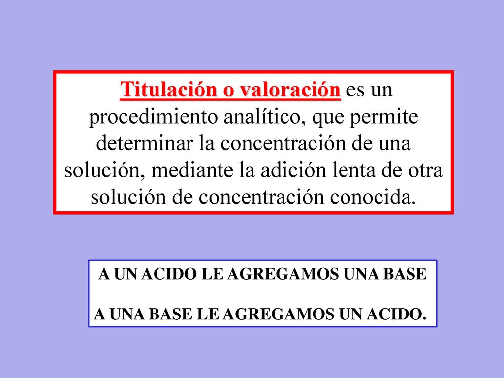 A UN ACIDO LE AGREGAMOS UNA BASE A UNA BASE LE AGREGAMOS UN ACIDO.