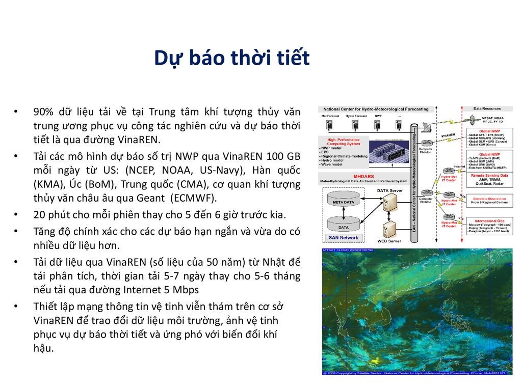 Dự báo thời tiết 90% dữ liệu tải về tại Trung tâm khí tượng thủy văn trung ương phục vụ công tác nghiên cứu và dự báo thời tiết là qua đường VinaREN.