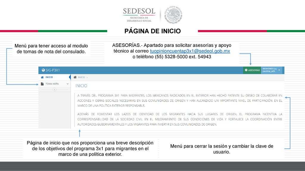 PÁGINA DE INICIO Menú para tener acceso al modulo de tomas de nota del consulado.