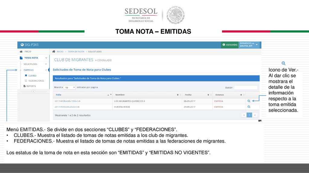 TOMA NOTA – EMITIDAS Icono de Ver.- Al dar clic se mostrara el detalle de la información respecto a la toma emitida seleccionada.