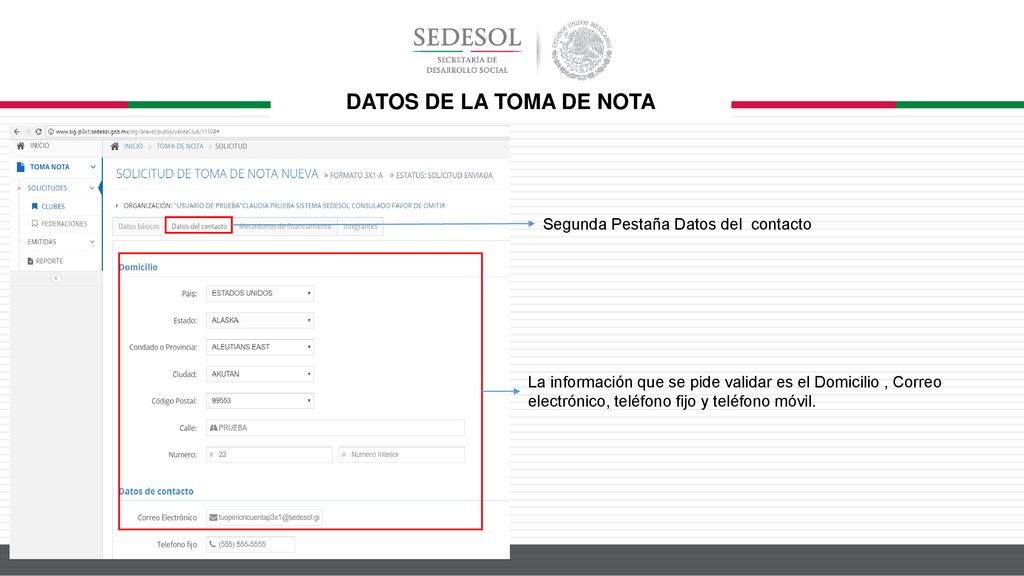DATOS DE LA TOMA DE NOTA Segunda Pestaña Datos del contacto