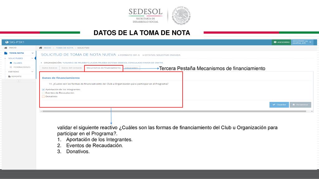 DATOS DE LA TOMA DE NOTA Tercera Pestaña Mecanismos de financiamiento