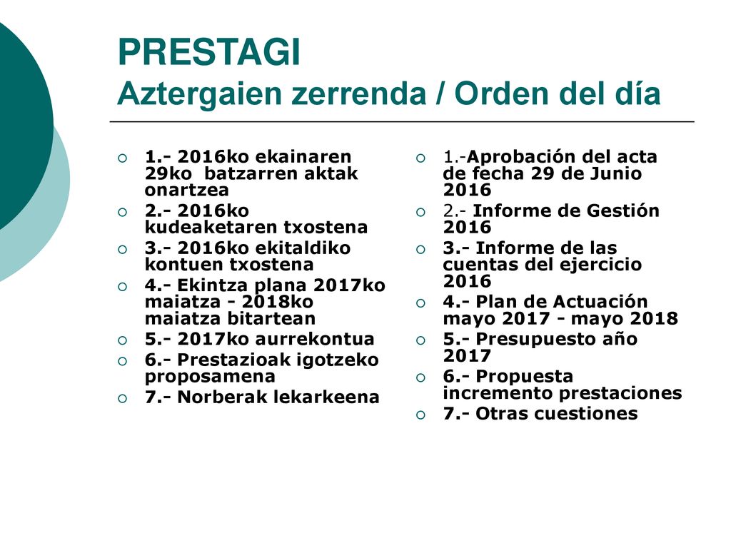 PRESTAGI Aztergaien zerrenda / Orden del día