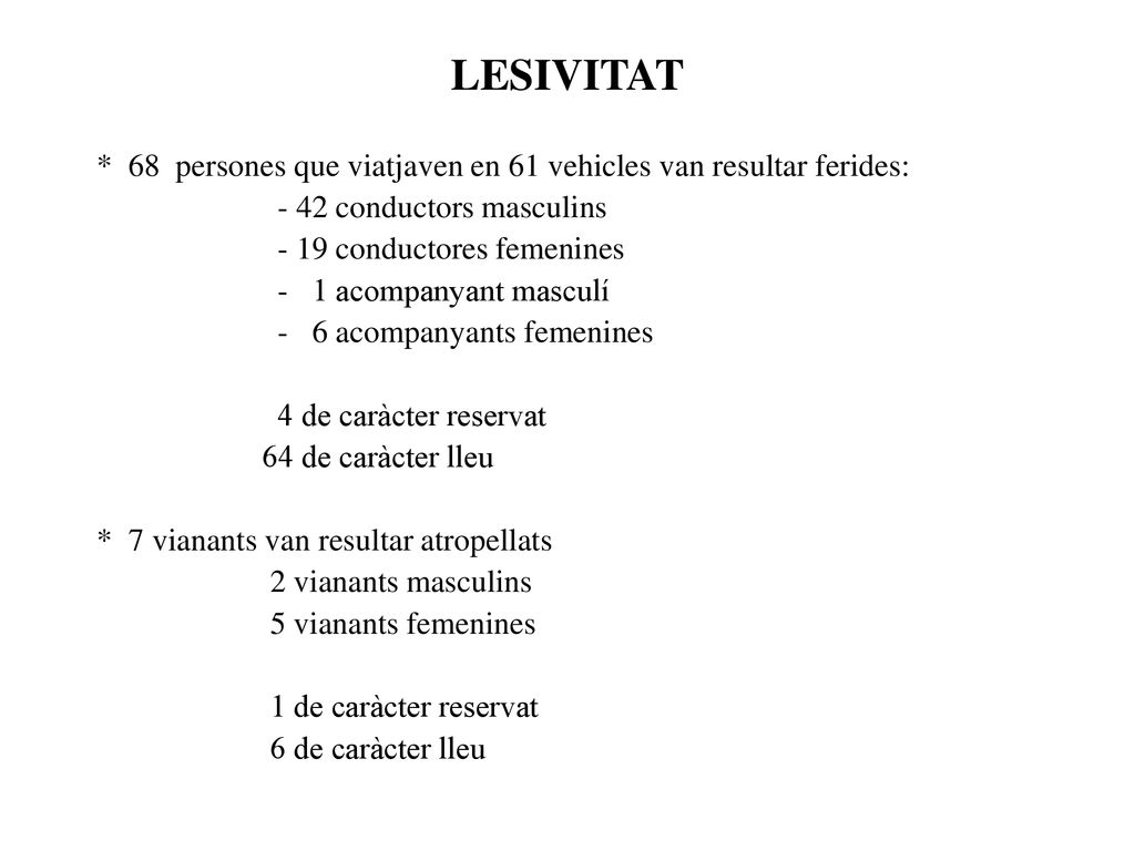LESIVITAT * 68 persones que viatjaven en 61 vehicles van resultar ferides: - 42 conductors masculins.