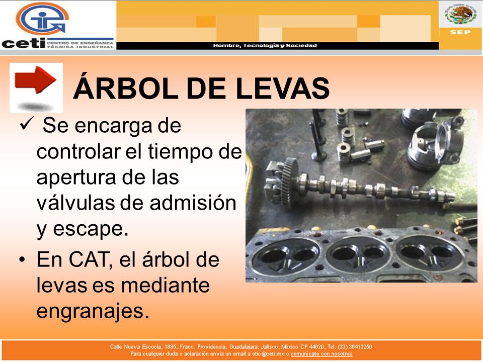 ÁRBOL DE LEVAS Se encarga de controlar el tiempo de apertura de las válvulas de admisión y escape.