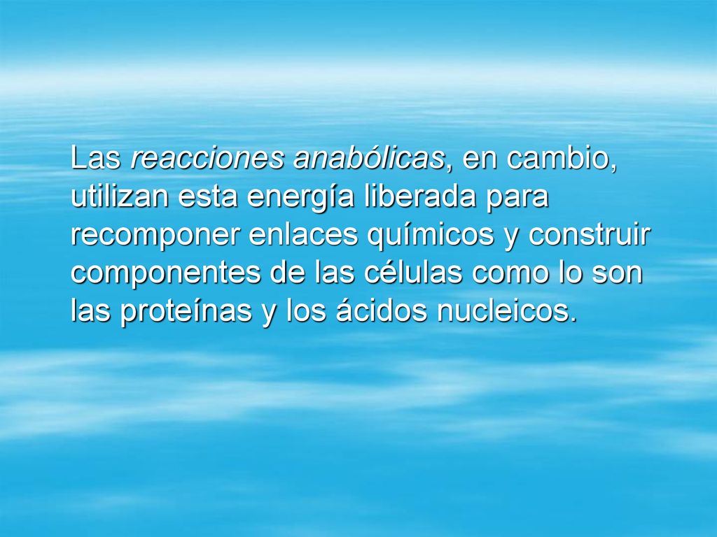 Las reacciones anabólicas, en cambio, utilizan esta energía liberada para recomponer enlaces químicos y construir componentes de las células como lo son las proteínas y los ácidos nucleicos.