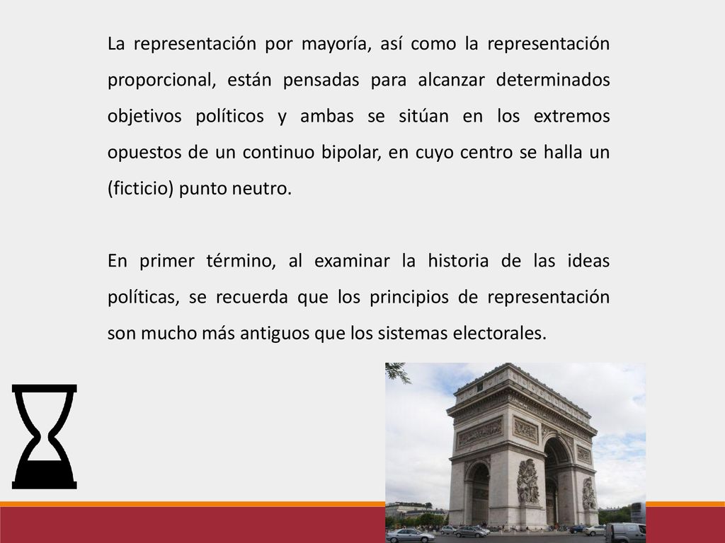 La representación por mayoría, así como la representación proporcional, están pensadas para alcanzar determinados objetivos políticos y ambas se sitúan en los extremos opuestos de un continuo bipolar, en cuyo centro se halla un (ficticio) punto neutro.