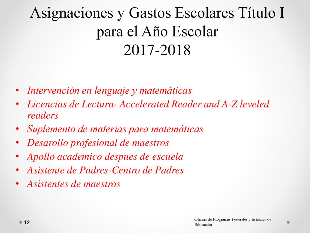 Asignaciones y Gastos Escolares Título I para el Año Escolar