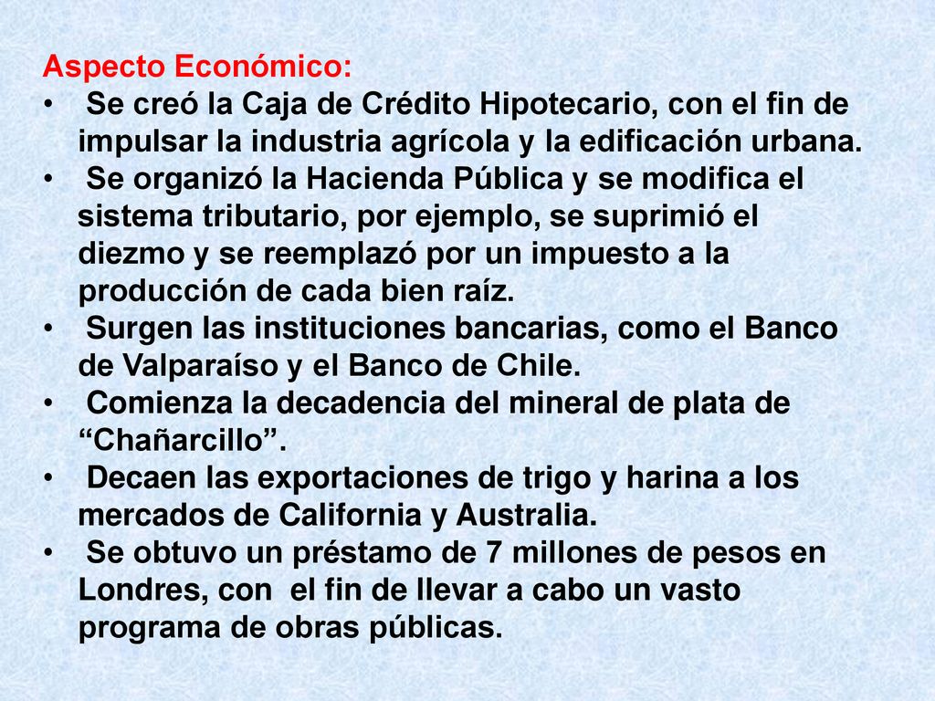 Aspecto Económico: Se creó la Caja de Crédito Hipotecario, con el fin de impulsar la industria agrícola y la edificación urbana.