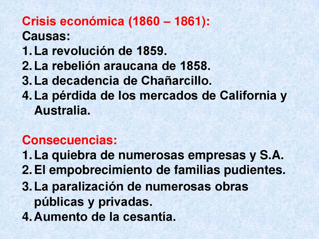 Crisis económica (1860 – 1861): Causas: La revolución de La rebelión araucana de La decadencia de Chañarcillo.