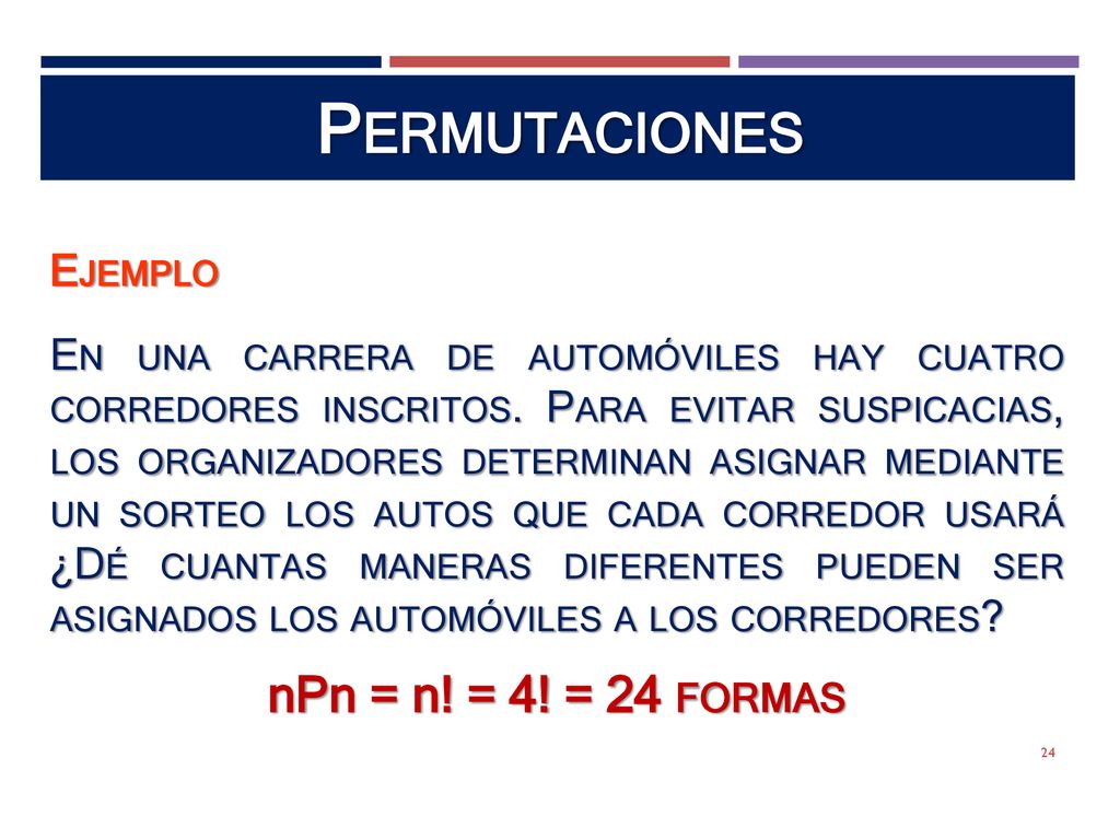 Permutaciones nPn = n! = 4! = 24 formas Ejemplo