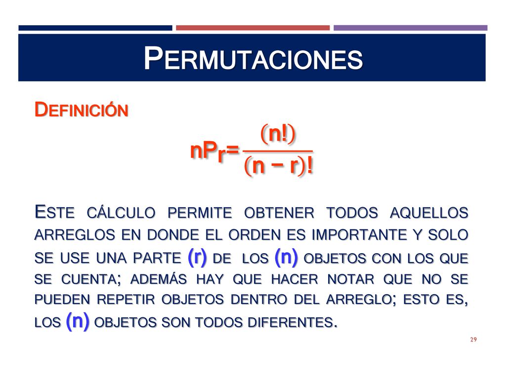 Permutaciones nP r = n! n − r ! Definición