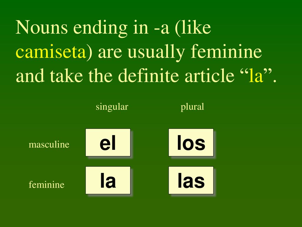 Nouns ending in -a (like camiseta) are usually feminine and take the definite article la .