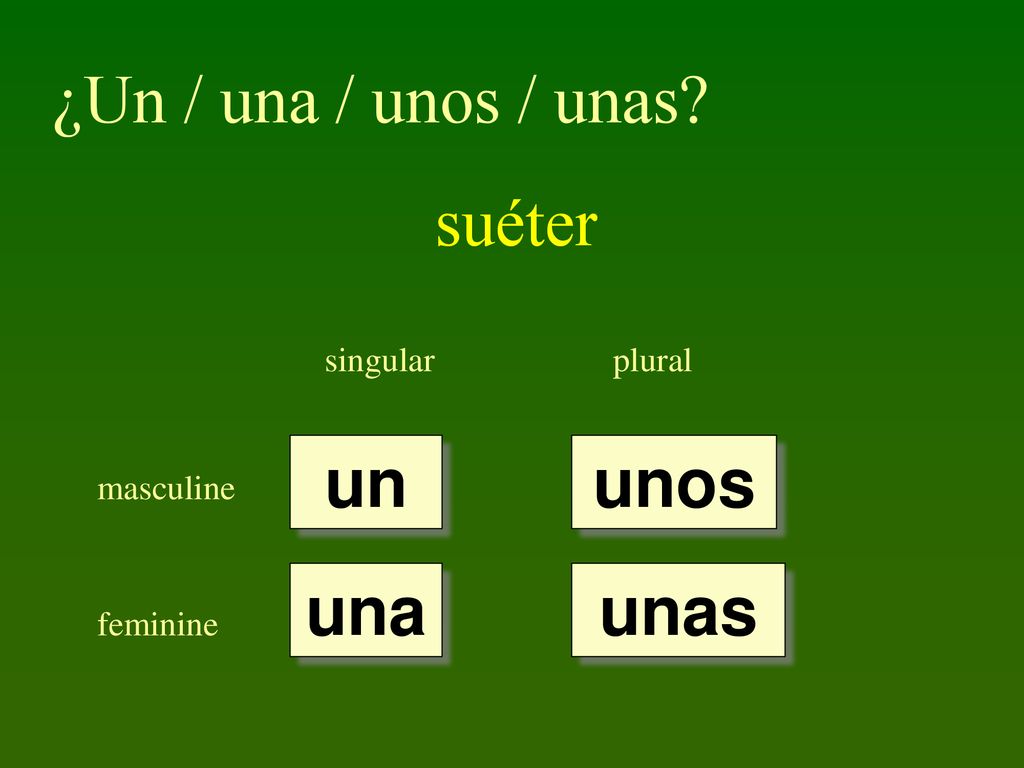 ¿Un / una / unos / unas suéter un unos una unas singular plural