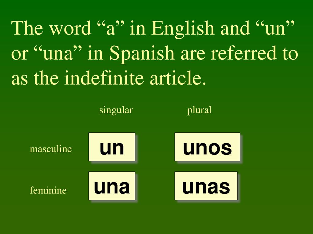 The word a in English and un or una in Spanish are referred to as the indefinite article.