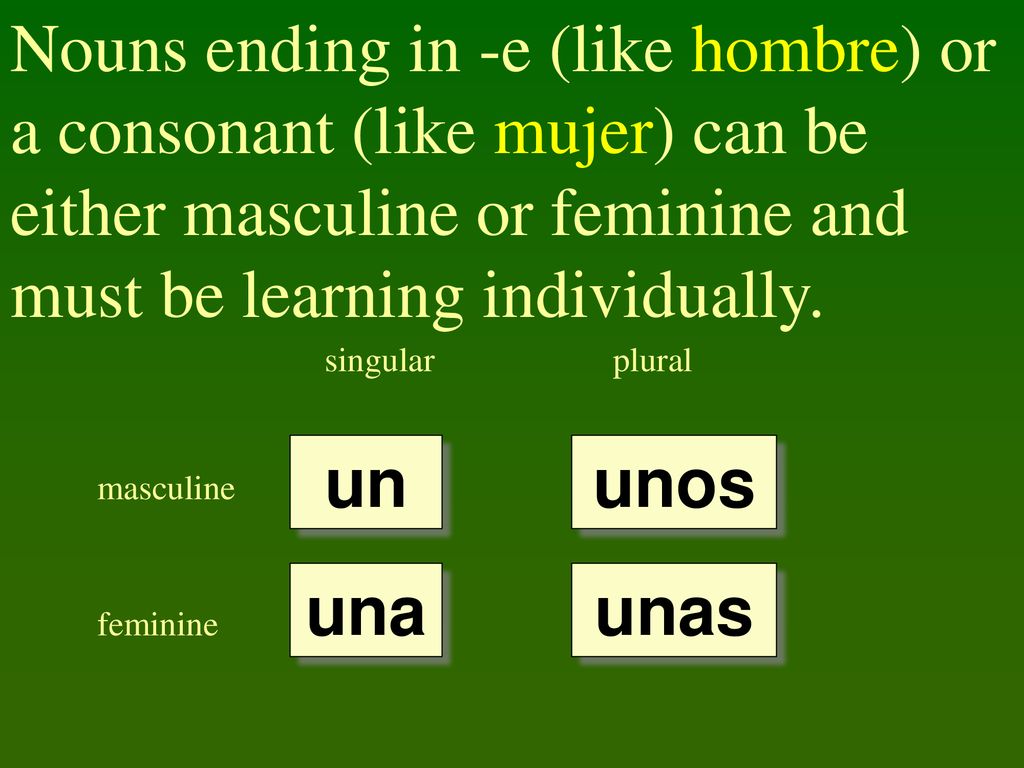 Nouns ending in -e (like hombre) or a consonant (like mujer) can be either masculine or feminine and must be learning individually.