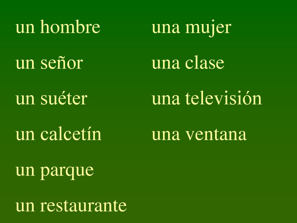 un hombre un señor. un suéter. un calcetín. un parque. un restaurante. una mujer. una clase. una televisión.