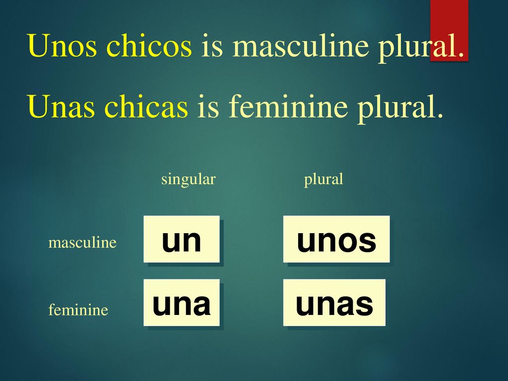 Unos chicos is masculine plural. Unas chicas is feminine plural.