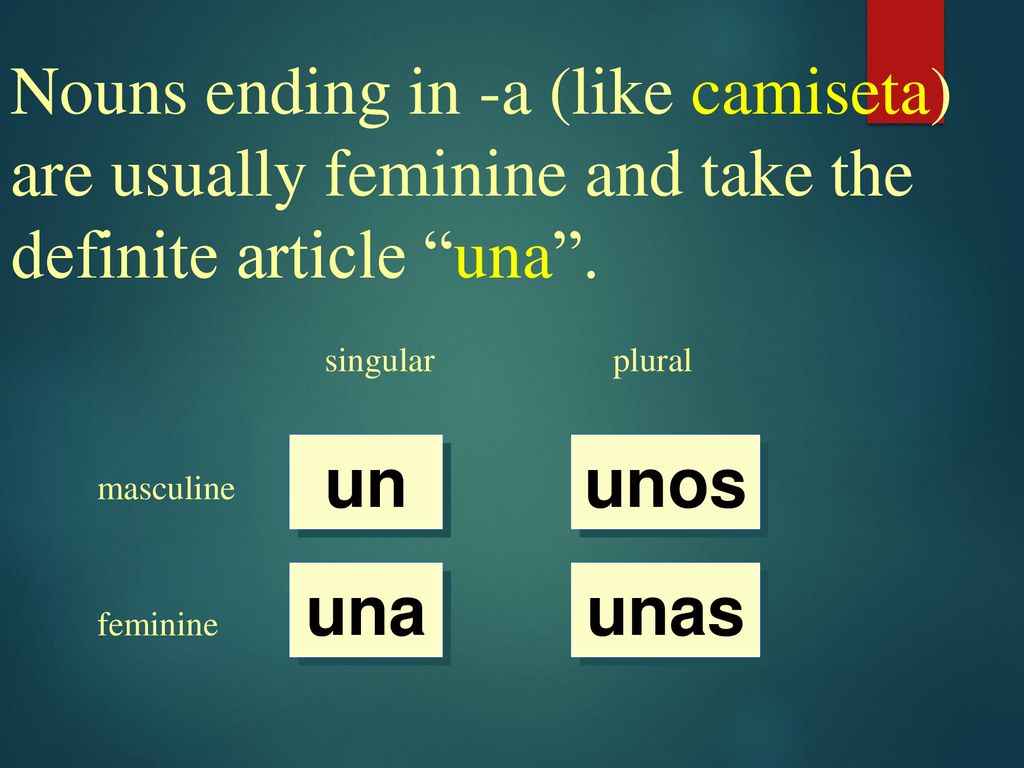 Nouns ending in -a (like camiseta) are usually feminine and take the definite article una .