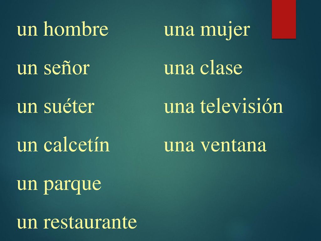 un hombre un señor. un suéter. un calcetín. un parque. un restaurante. una mujer. una clase. una televisión.