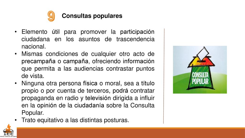 9 Consultas populares. Elemento útil para promover la participación ciudadana en los asuntos de trascendencia nacional.