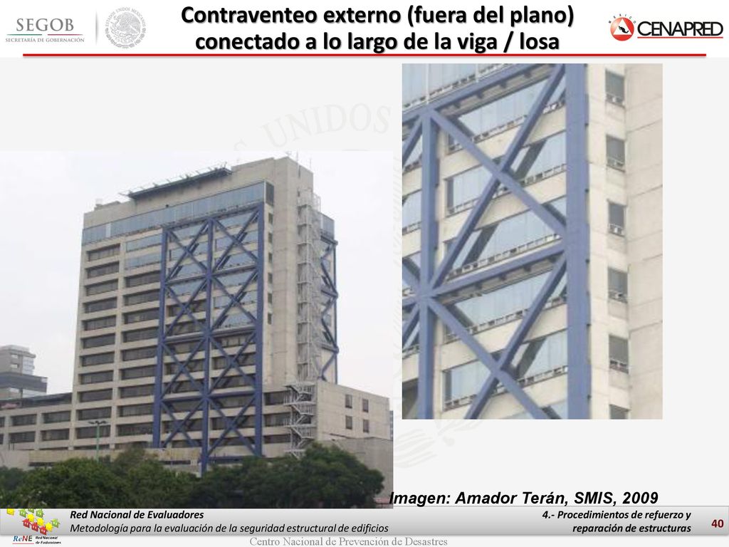 Contraventeo externo (fuera del plano) conectado a lo largo de la viga / losa
