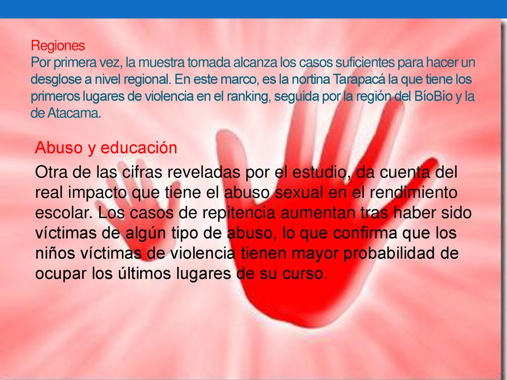 Regiones Por primera vez, la muestra tomada alcanza los casos suficientes para hacer un desglose a nivel regional. En este marco, es la nortina Tarapacá la que tiene los primeros lugares de violencia en el ranking, seguida por la región del BíoBío y la de Atacama.