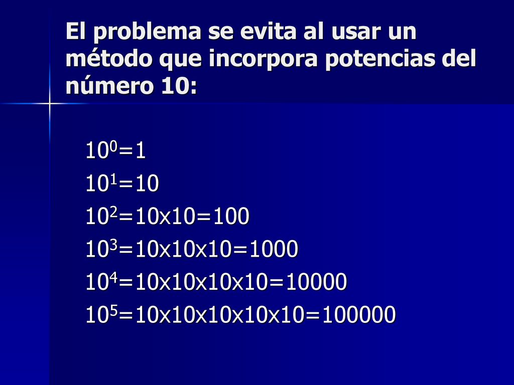 El problema se evita al usar un método que incorpora potencias del número 10: