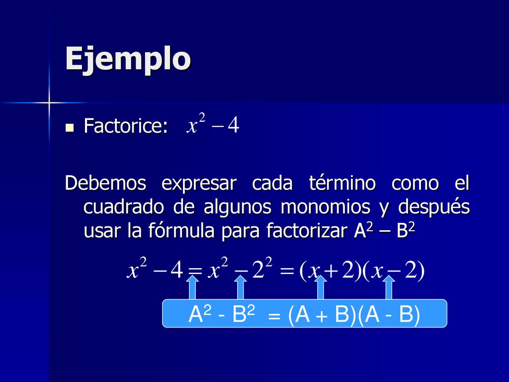 Ejemplo A2 - B2 = (A + B)(A - B) Factorice:
