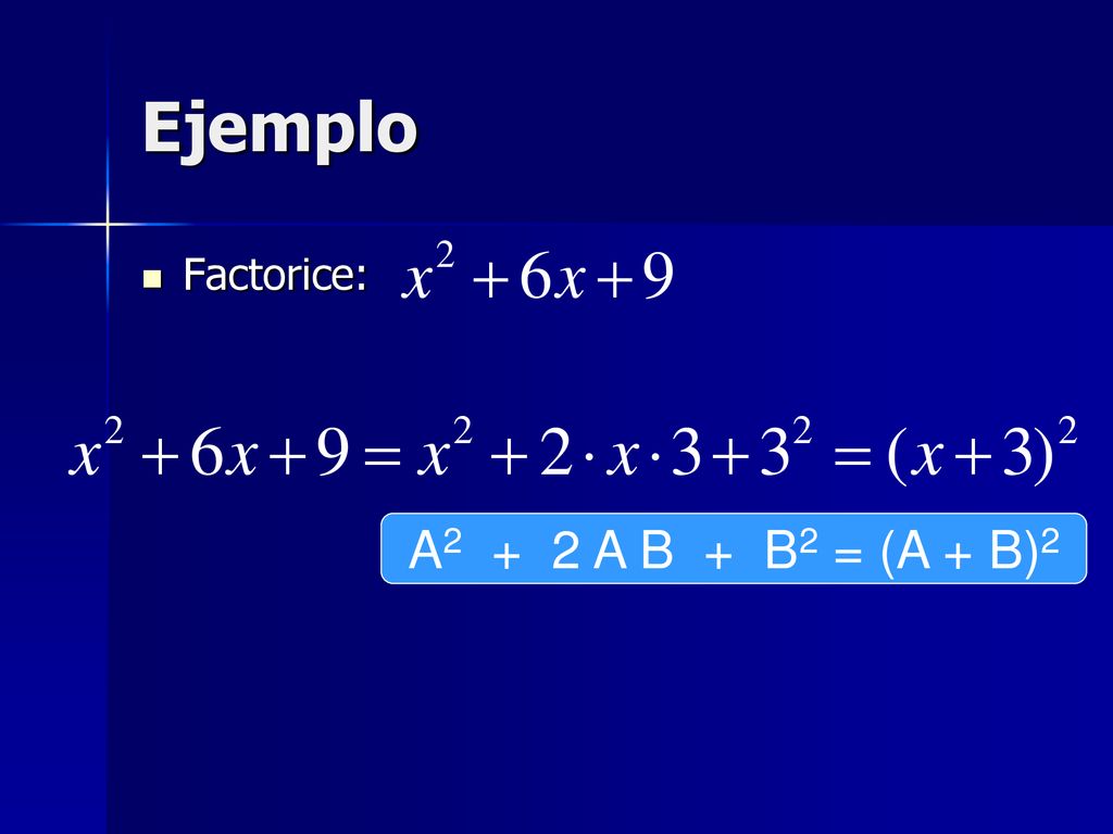 Ejemplo Factorice: A2 + 2 A B + B2 = (A + B)2