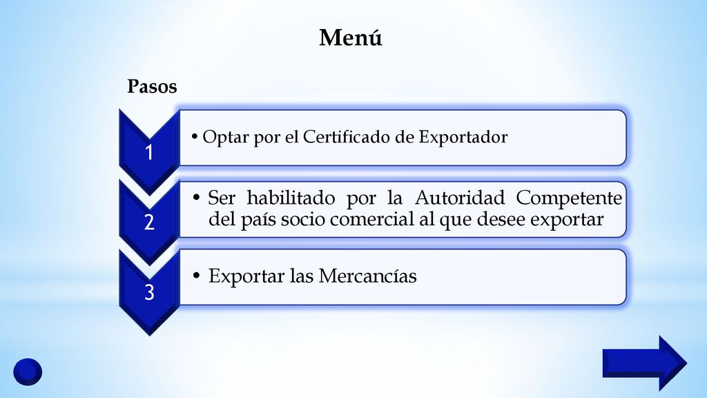 Menú Pasos. 1. Optar por el Certificado de Exportador. 2.