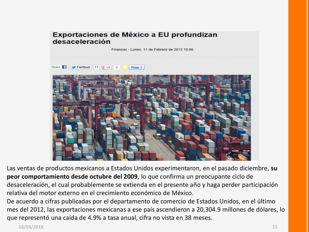 Las ventas de productos mexicanos a Estados Unidos experimentaron, en el pasado diciembre, su peor comportamiento desde octubre del 2009, lo que confirma un preocupante ciclo de desaceleración, el cual probablemente se extienda en el presente año y haga perder participación relativa del motor externo en el crecimiento económico de México.