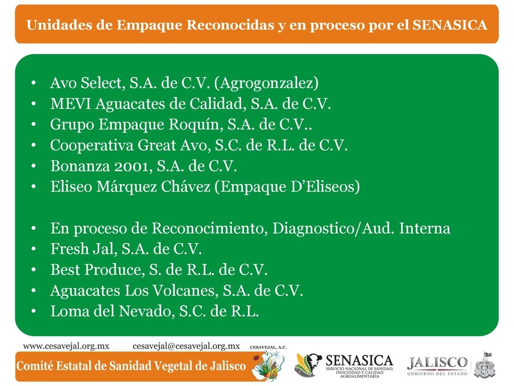 Unidades de Empaque Reconocidas y en proceso por el SENASICA
