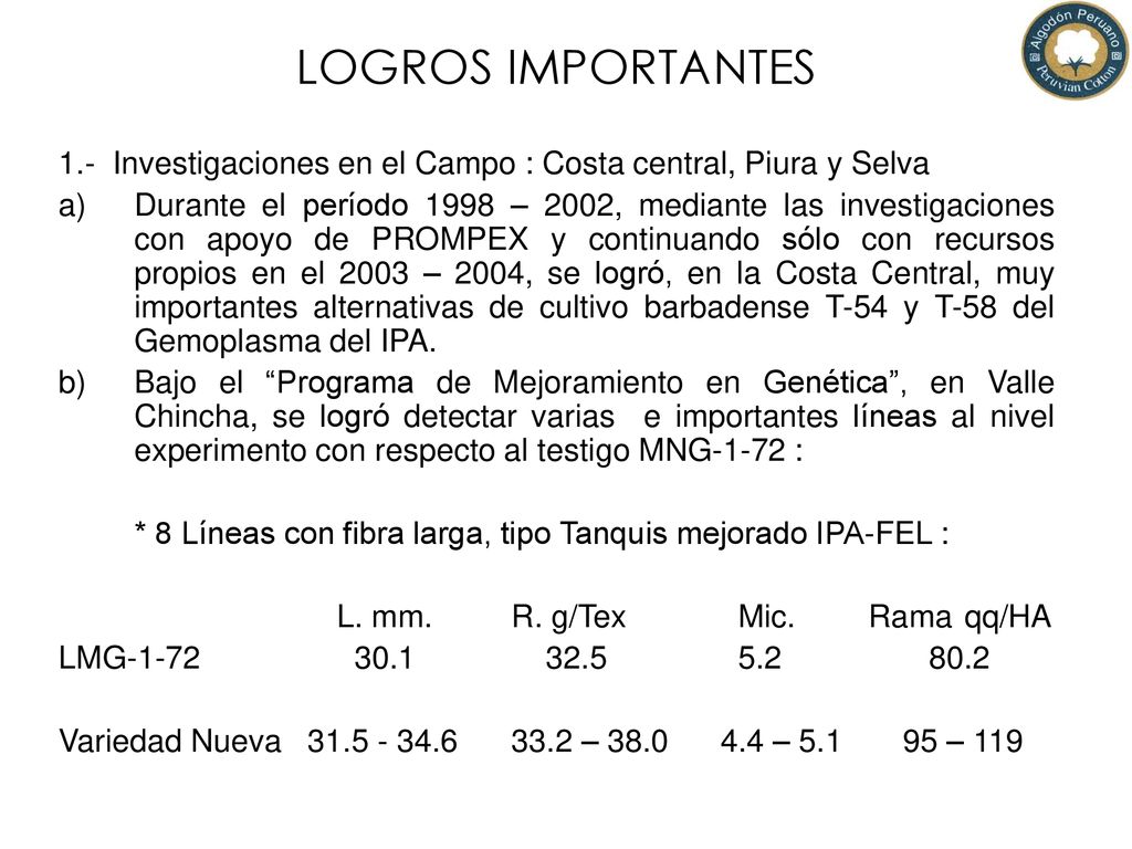 LOGROS IMPORTANTES 1.- Investigaciones en el Campo : Costa central, Piura y Selva.