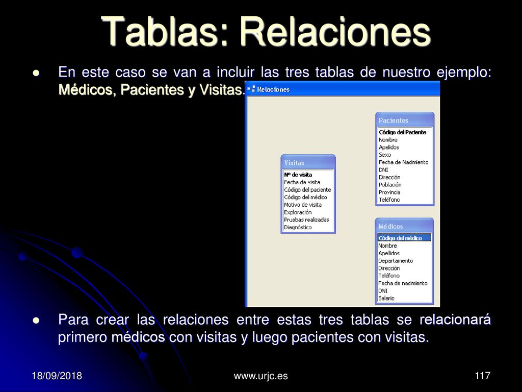Tablas: Relaciones En este caso se van a incluir las tres tablas de nuestro ejemplo: Médicos, Pacientes y Visitas.